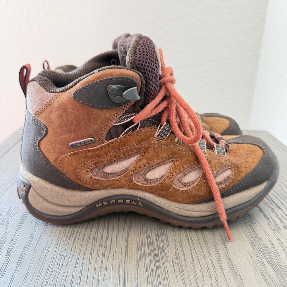Merrell Waterproof Suede Hiking Boots Brown Orange Mid Top Trail Shoes‎ Womens 7